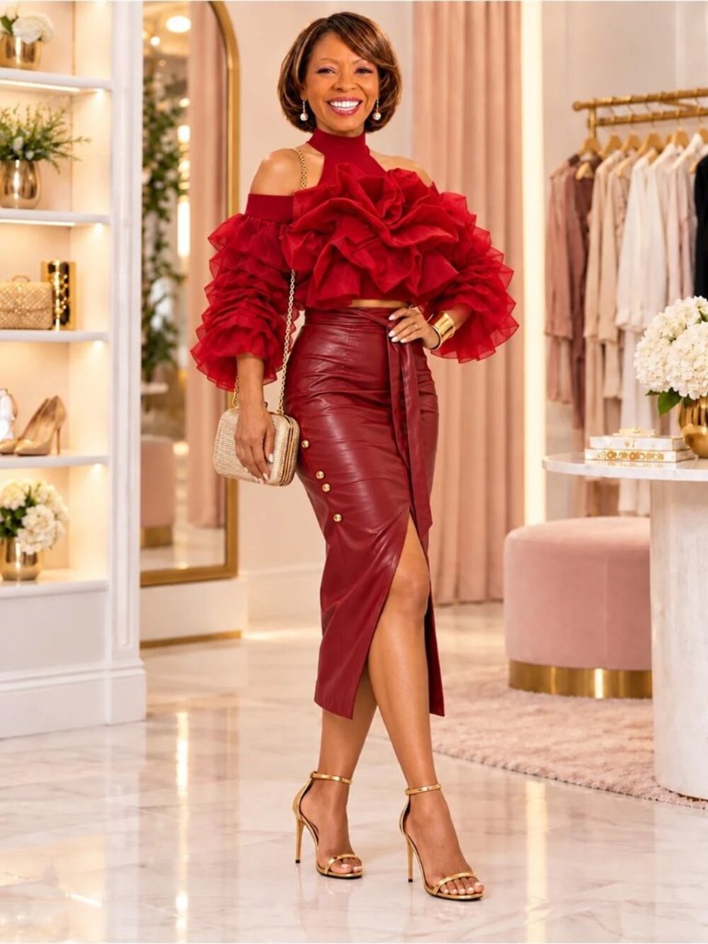 Plus Size Red Cold Shoulder Organza Ruffle Crop Top Mock Neck Blouse